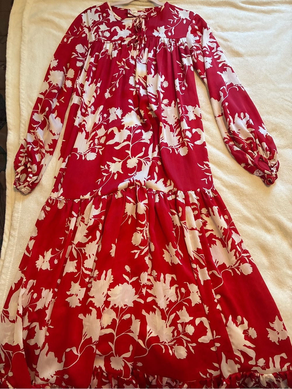 Red and White Floral Long-Sleeve Tiered Dress Johanna Ortiz H and M
